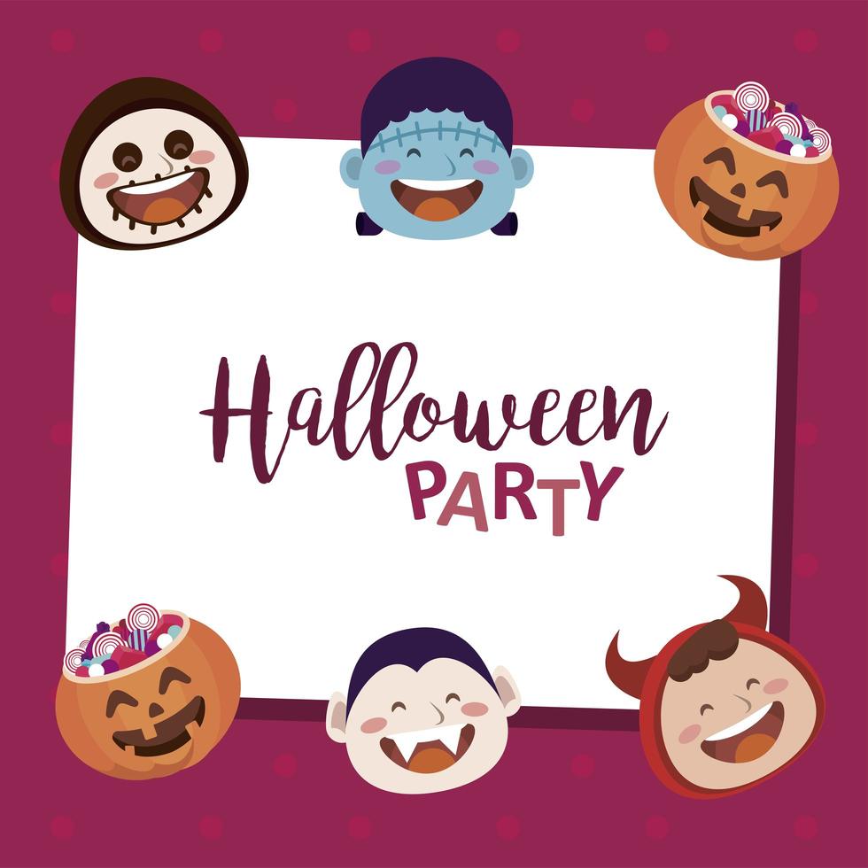 Happy Halloween Party mit Schriftzug und Monster Heads Charaktere vektor