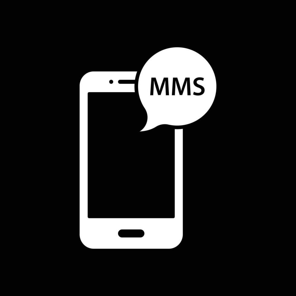 eps10 weißer Vektor Smartphone mms abstraktes Symbol oder Logo isoliert auf schwarzem Hintergrund. mobiles mms-symbol in einem einfachen, flachen, trendigen, modernen stil für ihr website-design und mobile app