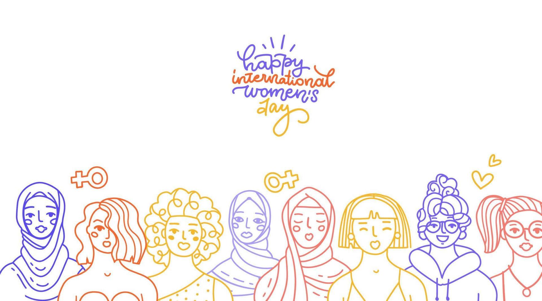 horizontales grußbanner zum internationalen frauentag. abstraktes Frauenporträt verschiedener Nationalitäten. frauenpower, kampf für gleichberechtigung, feminismus, schwesterschaftskonzept. lineares Vektordesign. vektor