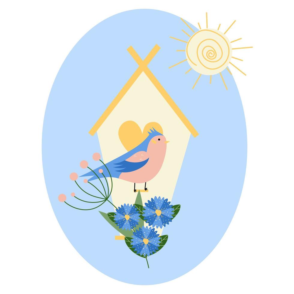 Vogel in einem Haus mit Blumen bei sonnigem Wetter vektor