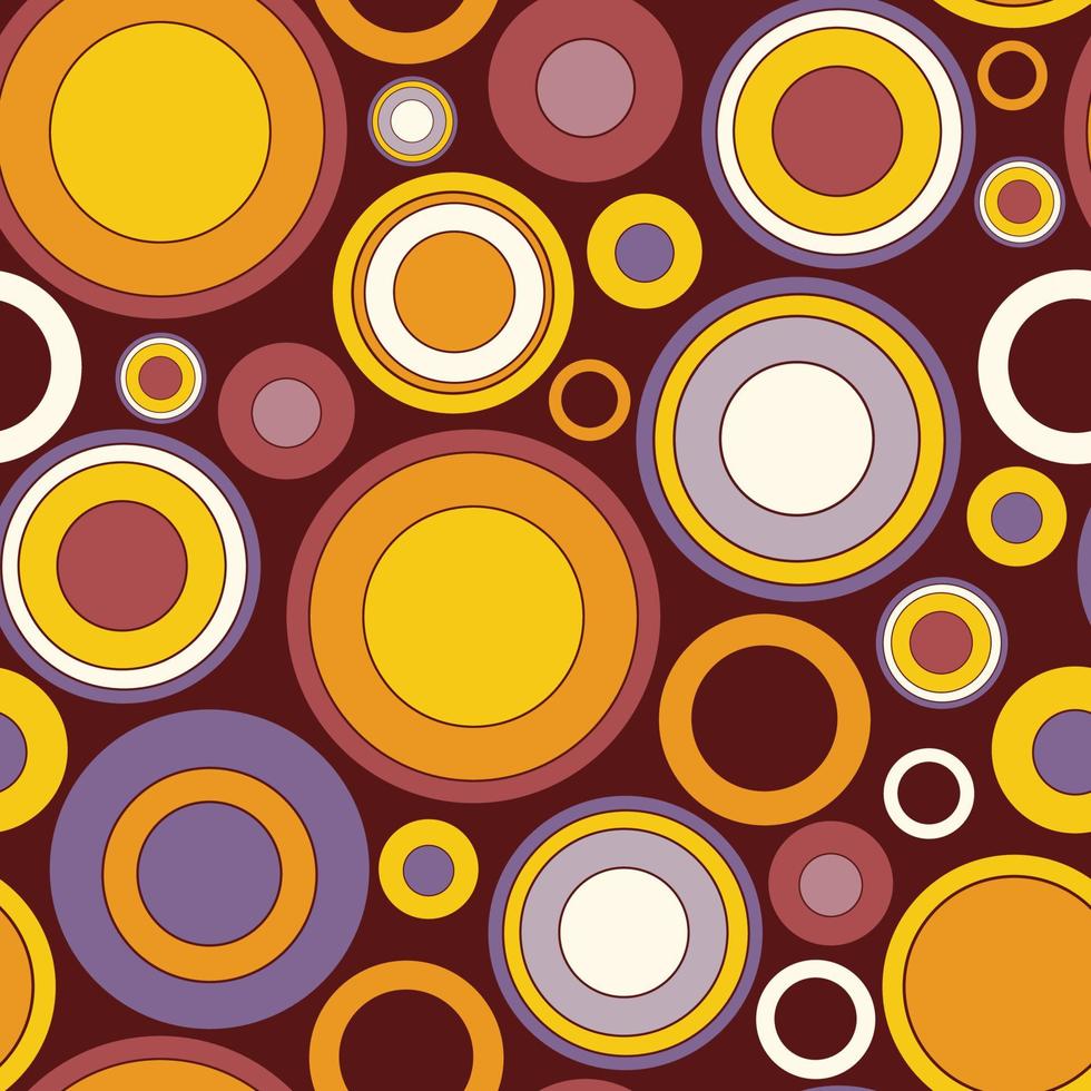 Vektor Musterdesign mit Kreisen im groovigen Retro-Stil. Pastellfarben auf Dunkelrot. Papier- oder Stoffdruck, Tapete, Hintergrund