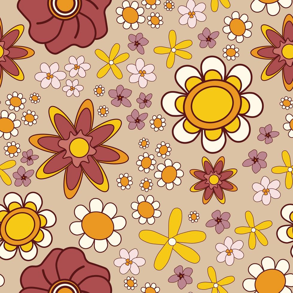 Vektor Musterdesign mit Blumen auf biege Hintergrund. fetziger Retro-Stil. Textil- oder Papierdruck, Vorlage, Tapete, Hintergrund