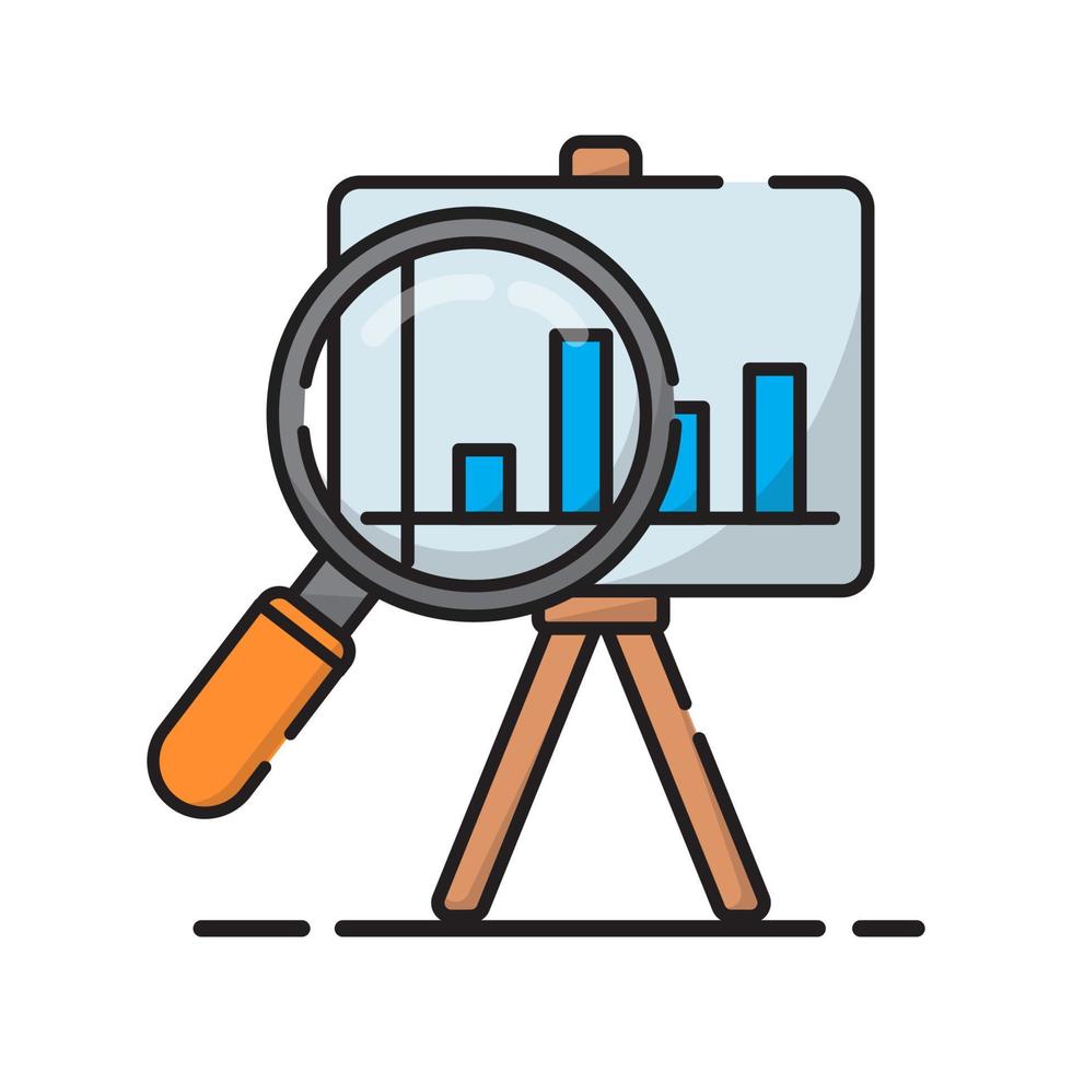 Marketing-Strategie-Konzept. Wirtschaftsanalyse. Analyse von Marketingdaten. eine Lupe mit einer Statistiktafel. Vektor-Illustration. vektor