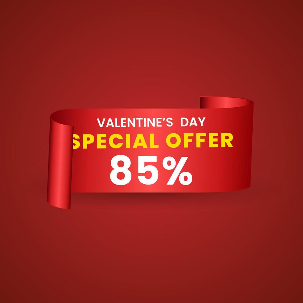 85 procent röd elegant mall av försäljning baner för valentine dag med en skrolla realistisk röd band, ett pil och röd skinande glansig hjärtan. vektor röd bakgrund