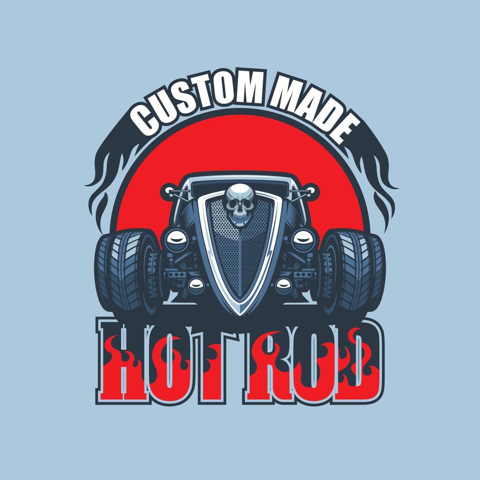 maßgeschneidertes Hot Rod-Logo mit Oldtimer auf rotem Hintergrund. vektor