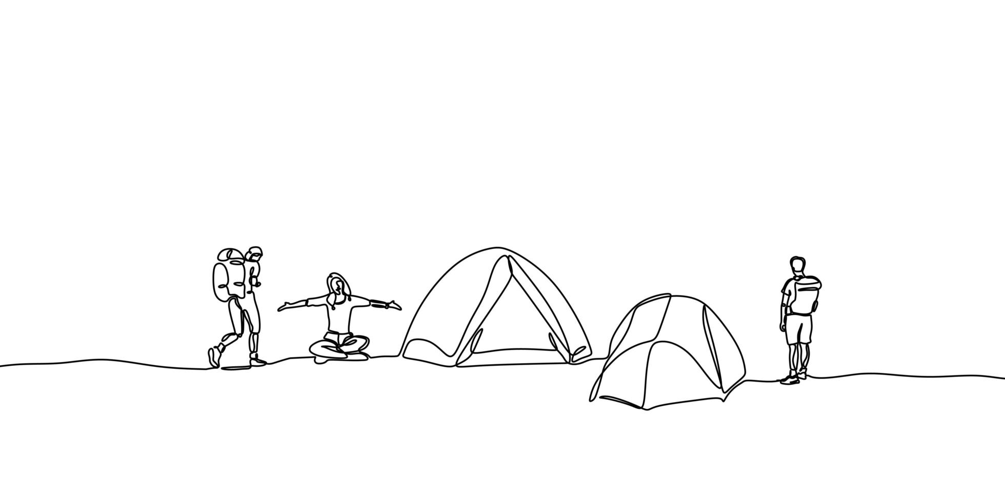eine Linie, die Leute beim Zelten zeichnet. Menschen genießen Outdoor-Aktivitäten mit Zelten. vektor