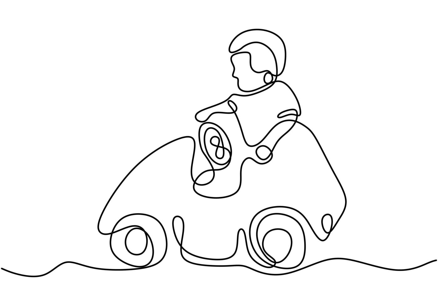 Ein Junge spielt mit seinem Spielzeugauto. glücklich, ihr Auto zu fahren. spielender Junge, der auf Auto fährt. eine Zeile durchgehend. Vektorillustration vektor
