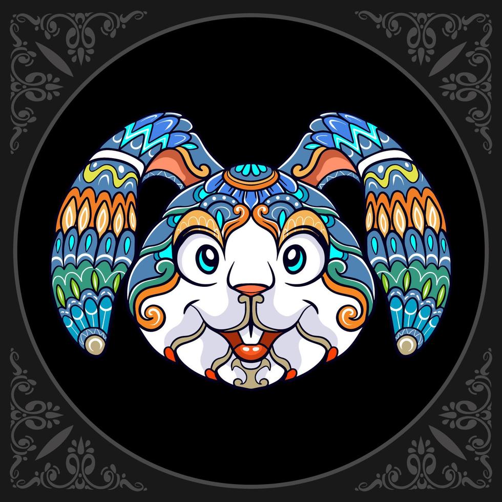 färgrik påsk kanin huvud mandala konst isolerat på svart bakgrund vektor