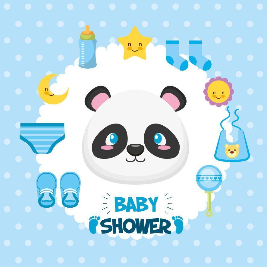 baby shower-kort med söt pandabjörn och ikoner vektor