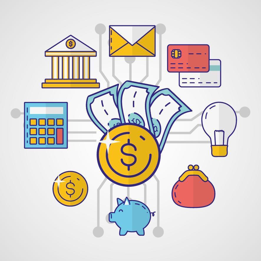 pengar, ekonomi och teknologikoncept med ikoner vektor