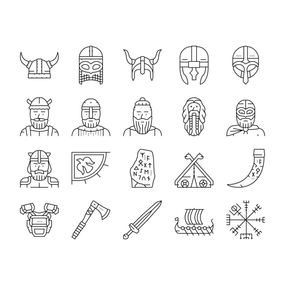 viking medeltida Nordisk hjälm ikoner uppsättning vektor