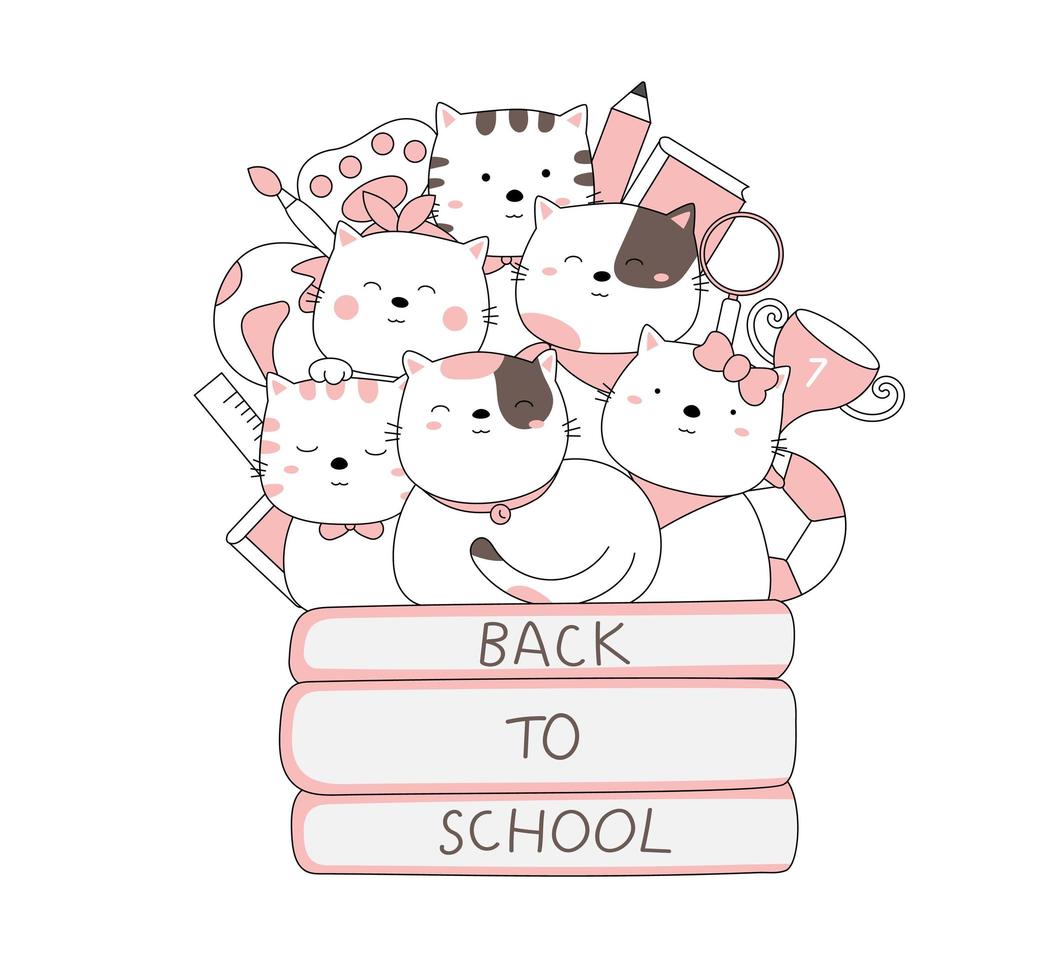 Cartoon süße Katzen zurück in die Schule. handgezeichneter Stil. vektor