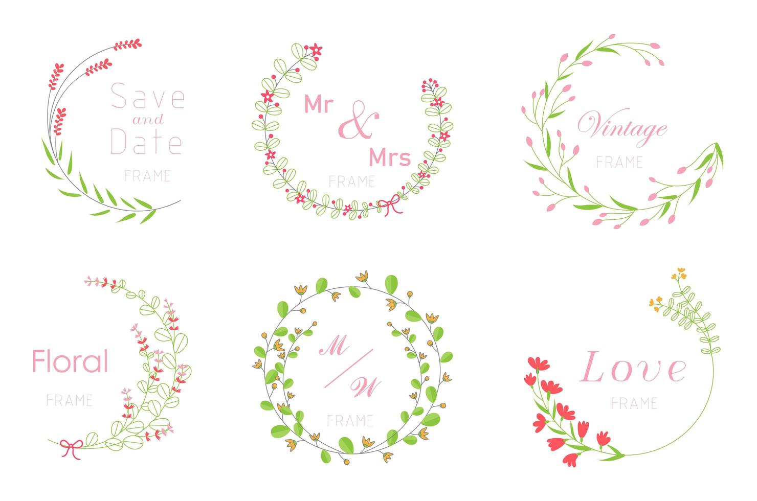 Kartensatz mit Blumenrahmen. Hochzeitsverzierungskonzept. vektor