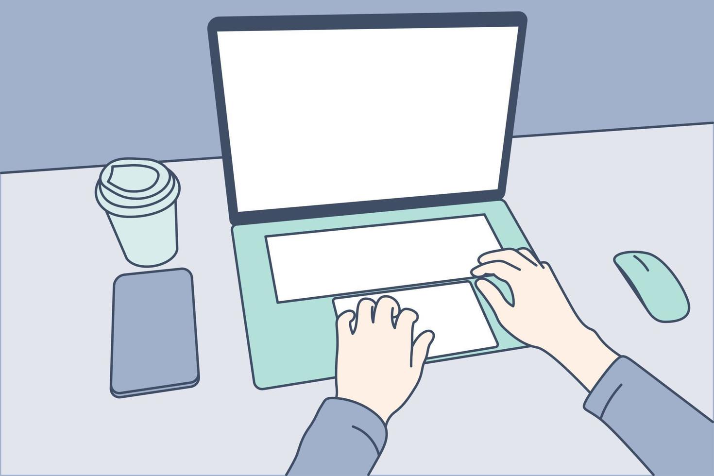 situation av en person upptagen med bärbar dator, hand dragen stil vektor design illustration