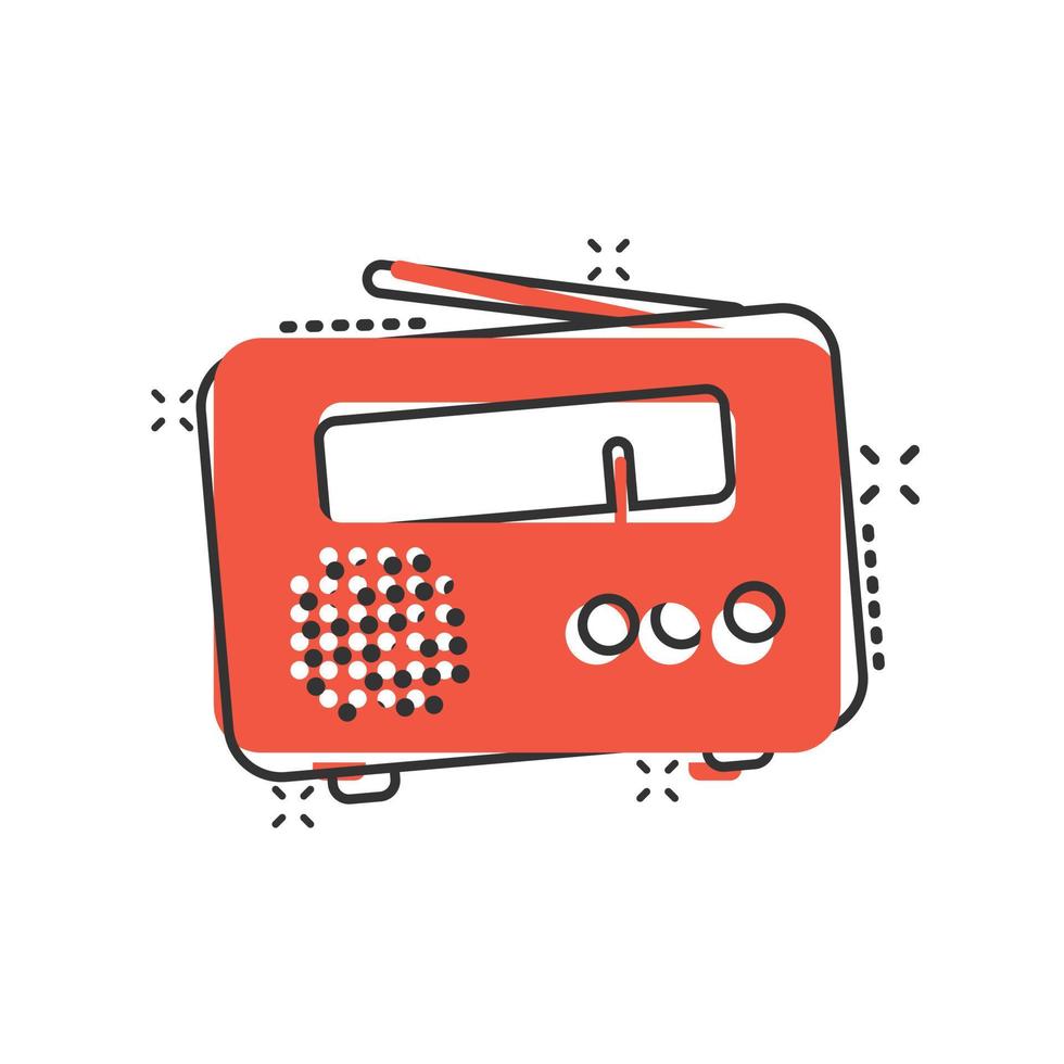 Radio-Symbol im Comic-Stil. FM-Rundfunk-Cartoon-Vektorillustration auf weißem, isoliertem Hintergrund. radiocast splash effekt geschäftskonzept. vektor