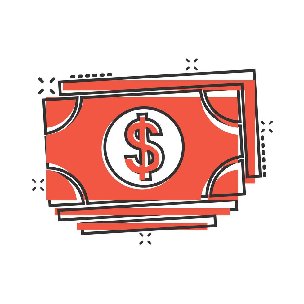 Dollar-Währungsbanknoten-Symbol im Comic-Stil. Dollar-Bargeld-Cartoon-Vektorillustration auf weißem, isoliertem Hintergrund. banknote bill splash effekt geschäftskonzept. vektor