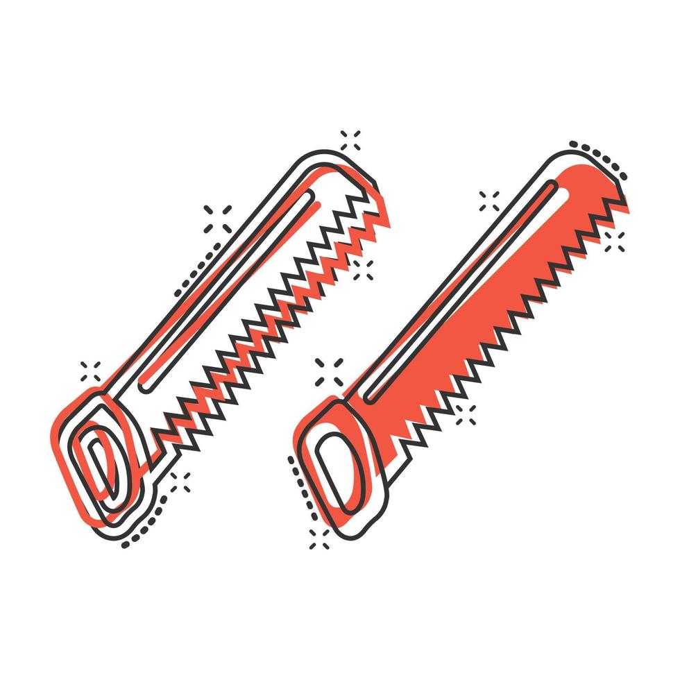 Sägeblatt-Symbol im Comic-Stil. Arbeitswerkzeuge Cartoon-Vektor-Illustration auf weißem Hintergrund isoliert. Geschäftskonzept mit Hammer-Splash-Effekt. vektor