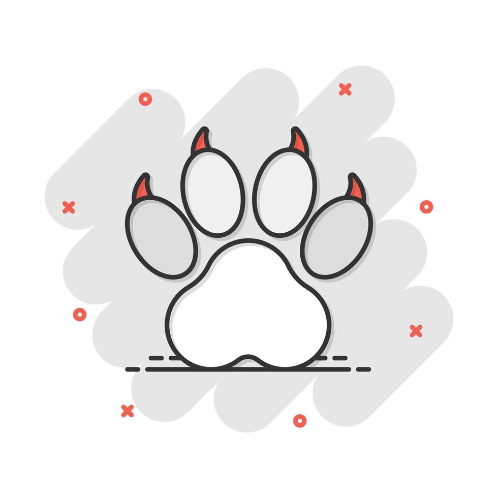 Vektor-Cartoon-Pfotenabdruck-Symbol im Comic-Stil. hund, katze, bärenpfote zeichen illustration piktogramm. Tierfuß-Business-Splash-Effekt-Konzept. vektor