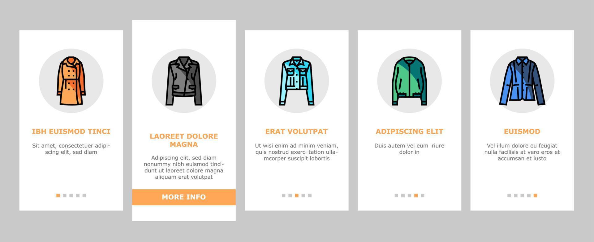 ytterkläder kvinna kläder flicka onboarding ikoner uppsättning vektor