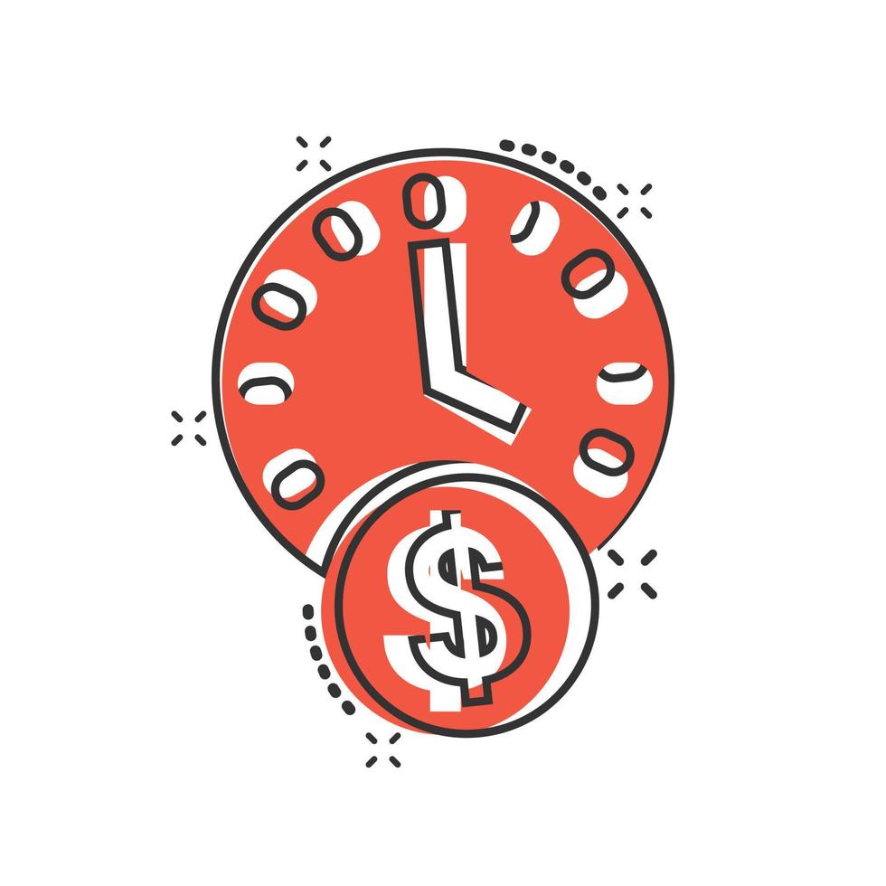 tid är pengar ikon i komisk stil. projekt förvaltning tecknad serie vektor illustration på vit isolerat bakgrund. deadline stänk effekt företag begrepp.