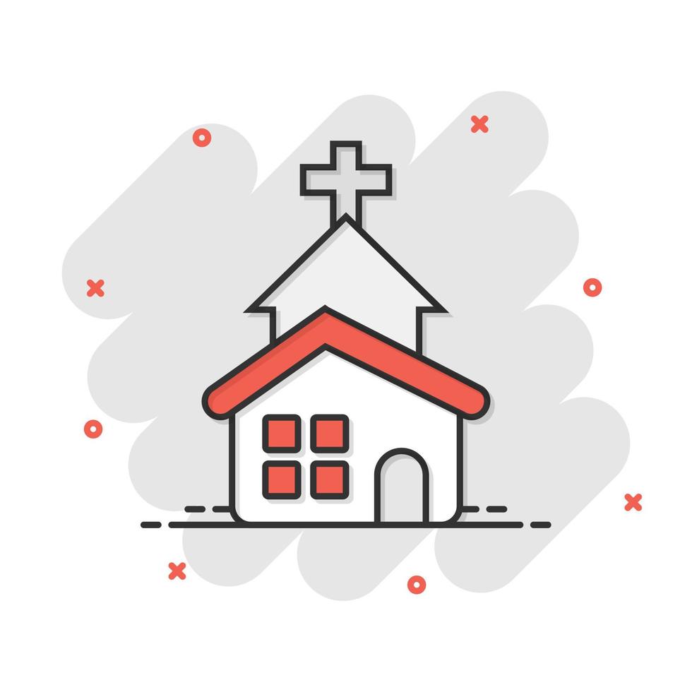 Kirchenikone im Comic-Stil. kapellenvektorkarikaturillustration auf weißem lokalisiertem hintergrund. Geschäftskonzept-Splash-Effekt für religiöse Gebäude. vektor