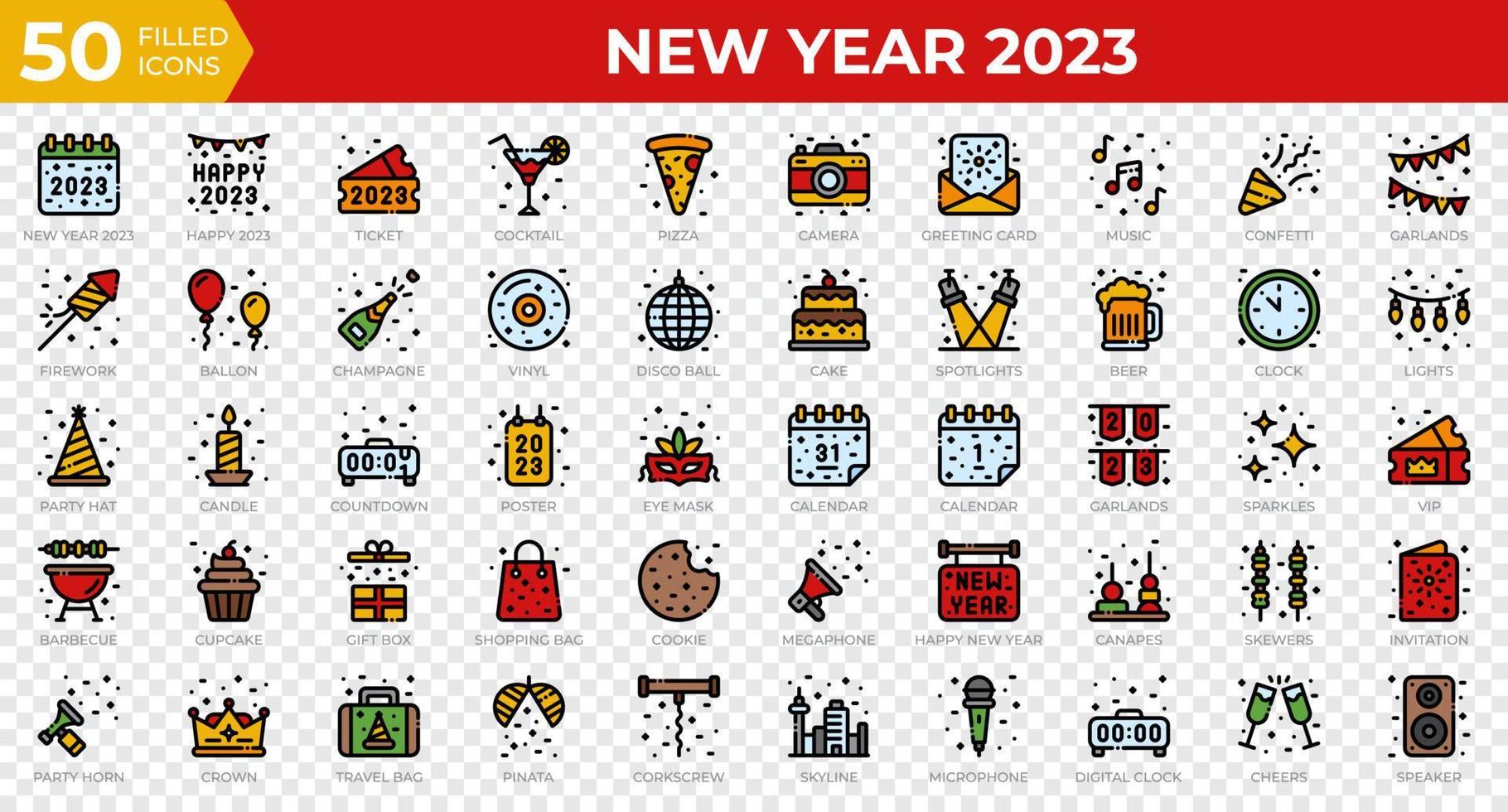 ny år 2023 ikoner i fylld översikt stil. kalender, konfetti, pizza. fylld översikt ikoner samling. Semester symbol. vektor illustration