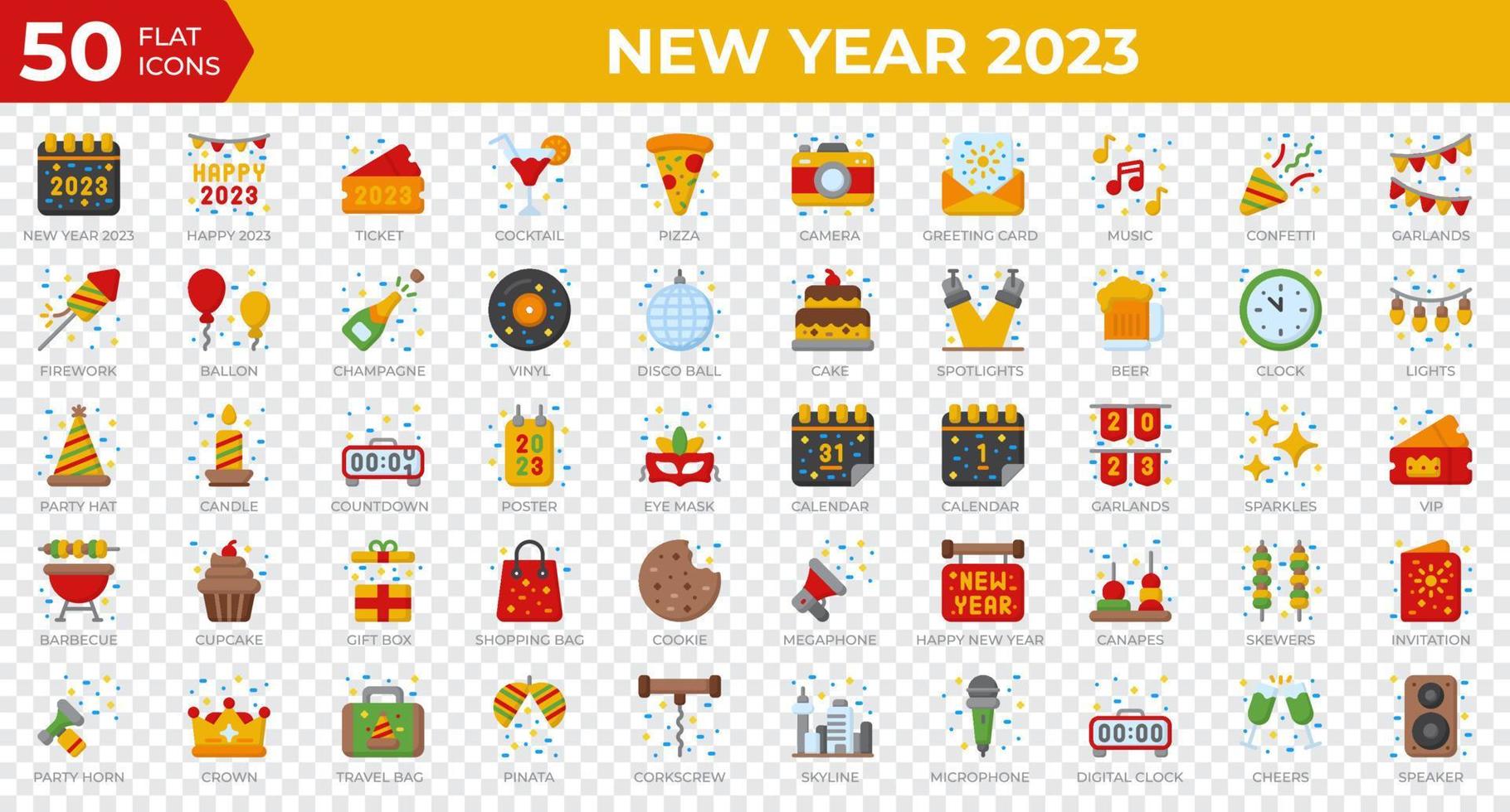 Neujahr 2023 Symbole im flachen Stil. Kalender, Konfetti, Pizza. Sammlung von flachen Symbolen. Urlaubssymbol. Vektor-Illustration vektor