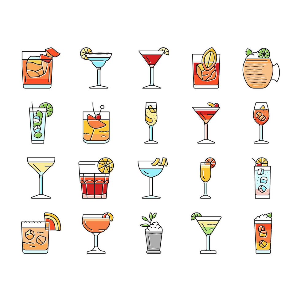 cocktail glas dryck alkohol bar ikoner uppsättning vektor