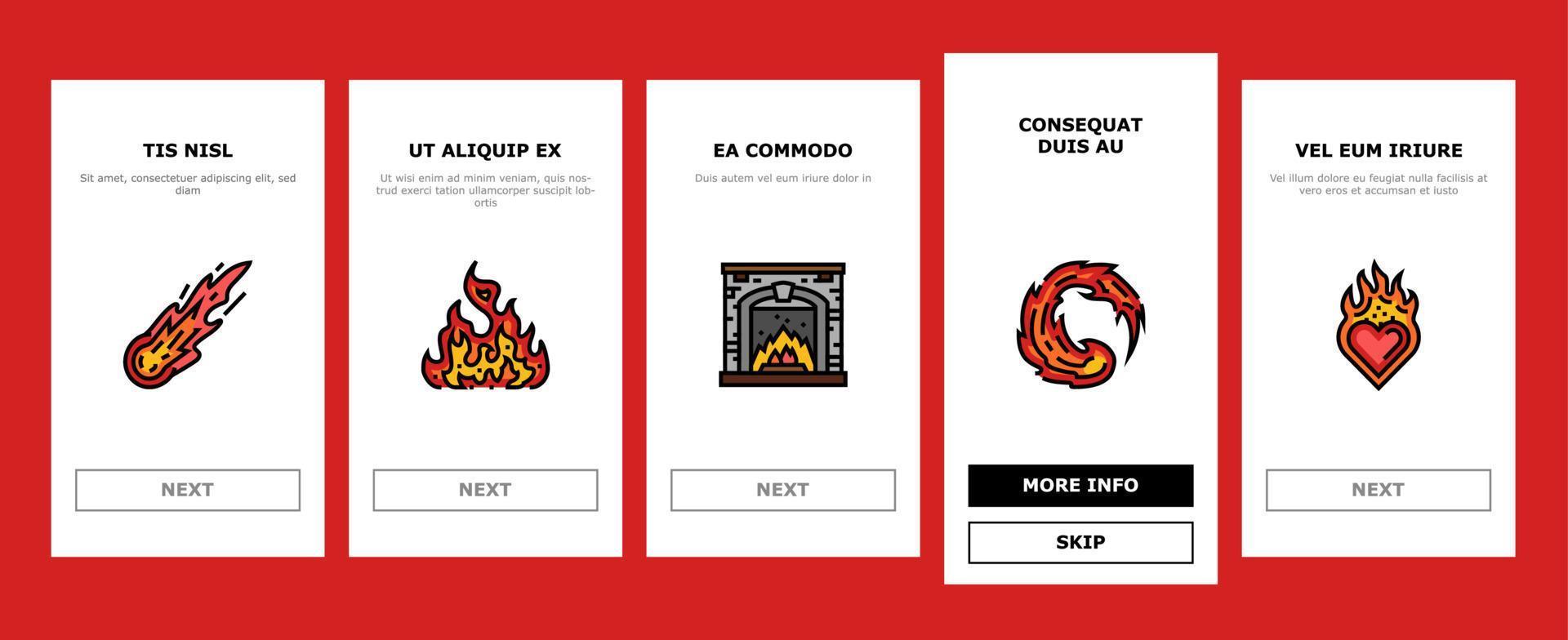 flamme heißes feuer brennen lagerfeuer hitze onboarding icons set vektor