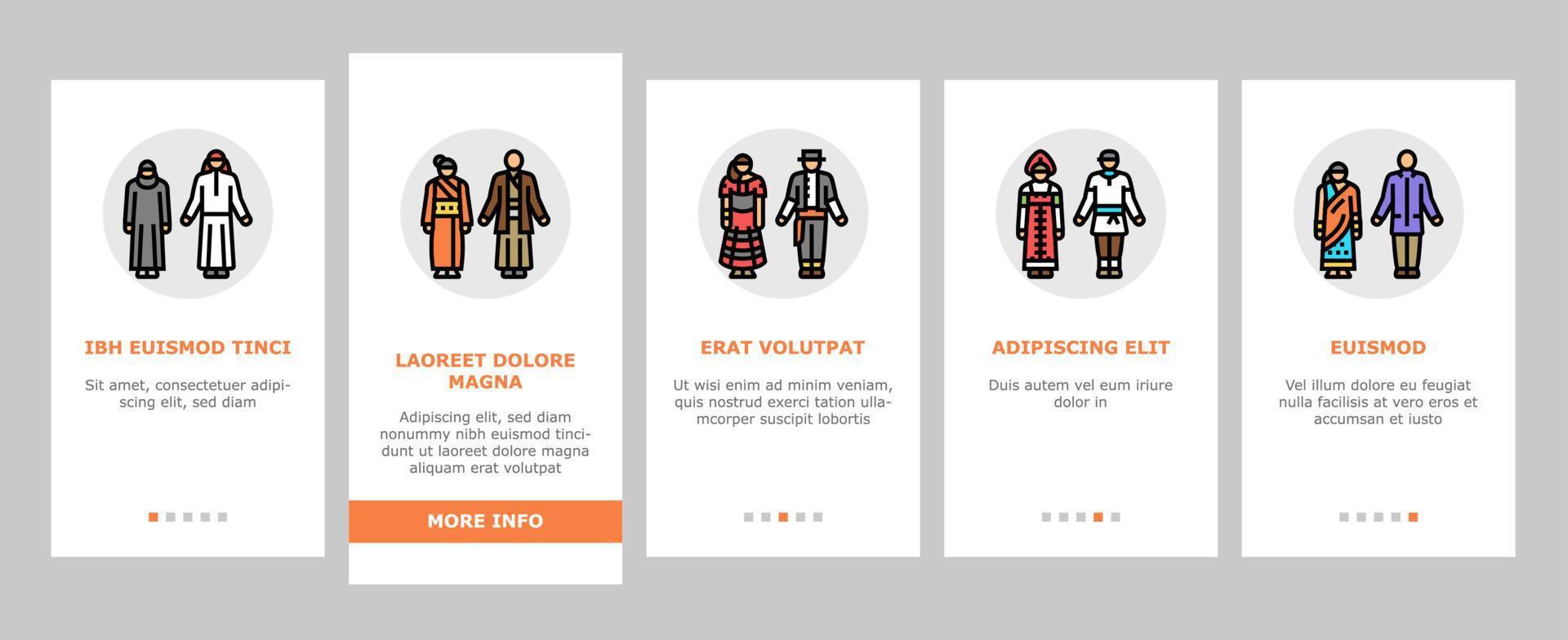 nationale kleidung kostüm design onboarding icons set vektor