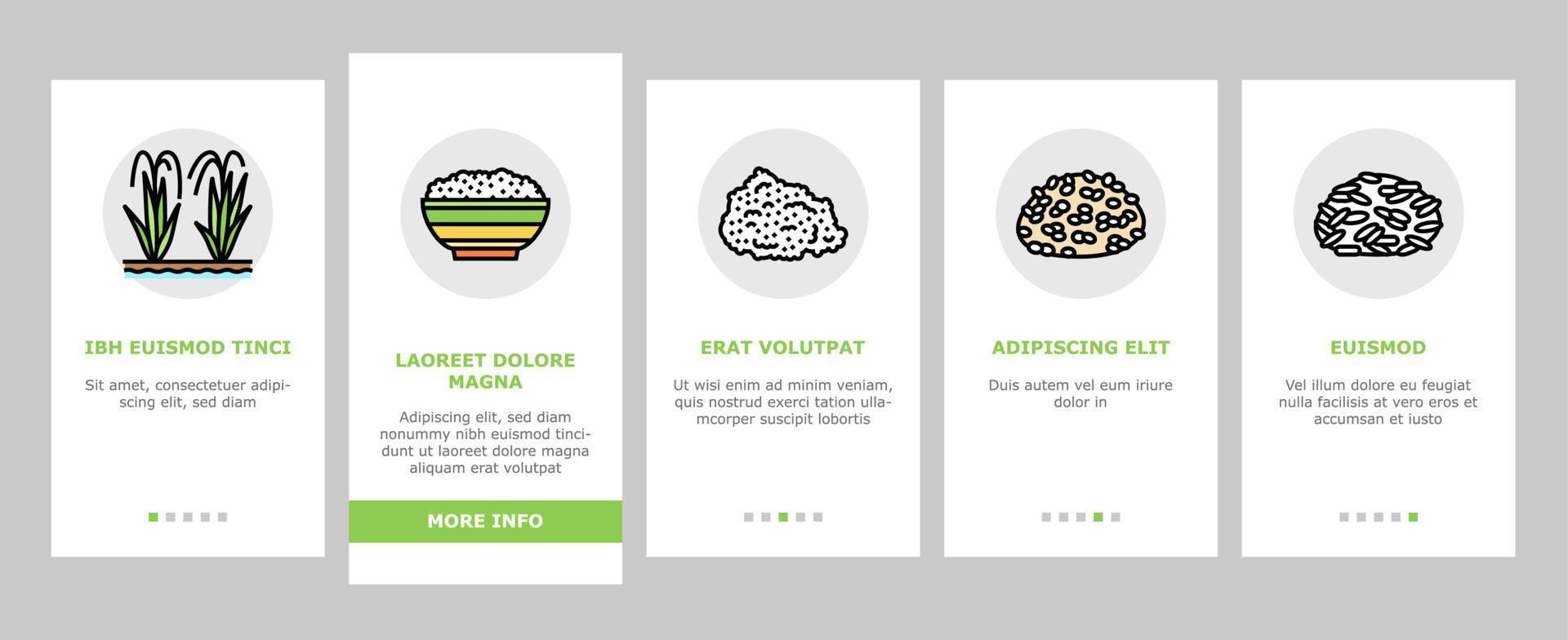 Reis für die Zubereitung von köstlichen Speisen Onboarding Icons Set Vektor