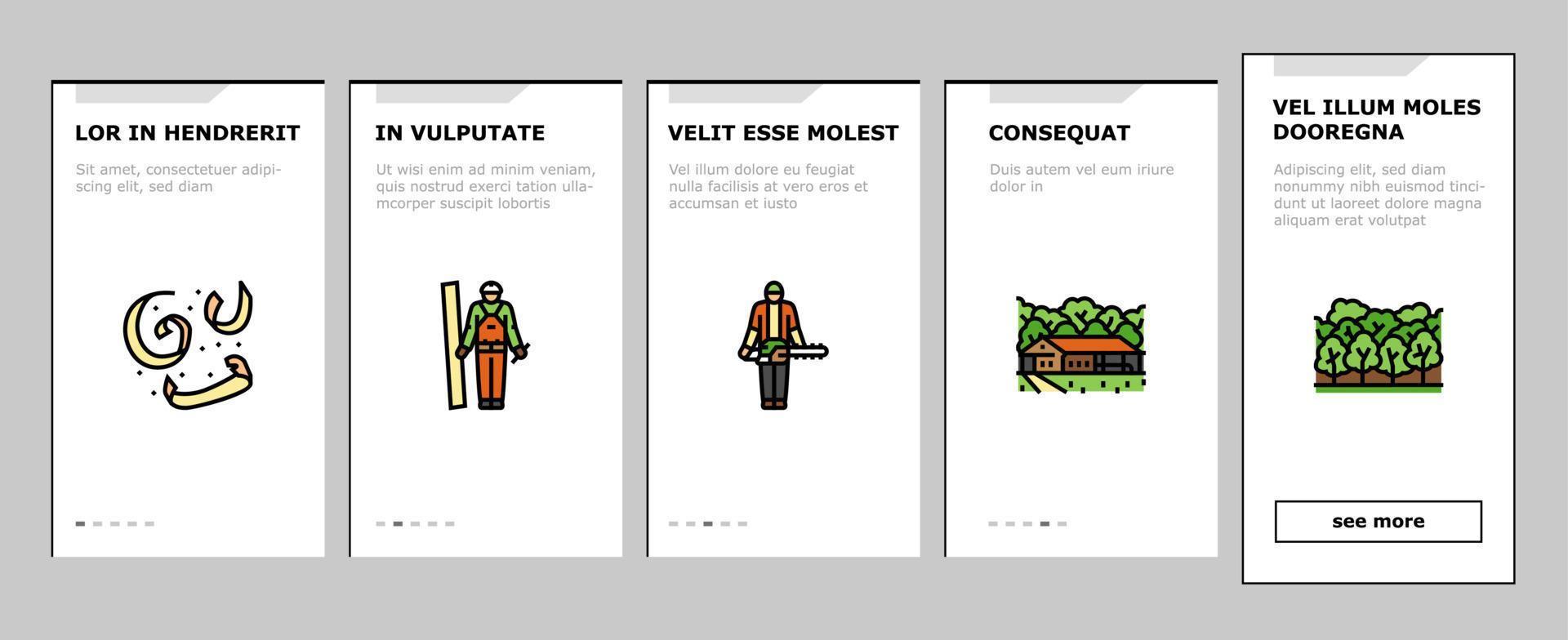 trä timmer träd trä- material onboarding ikoner uppsättning vektor
