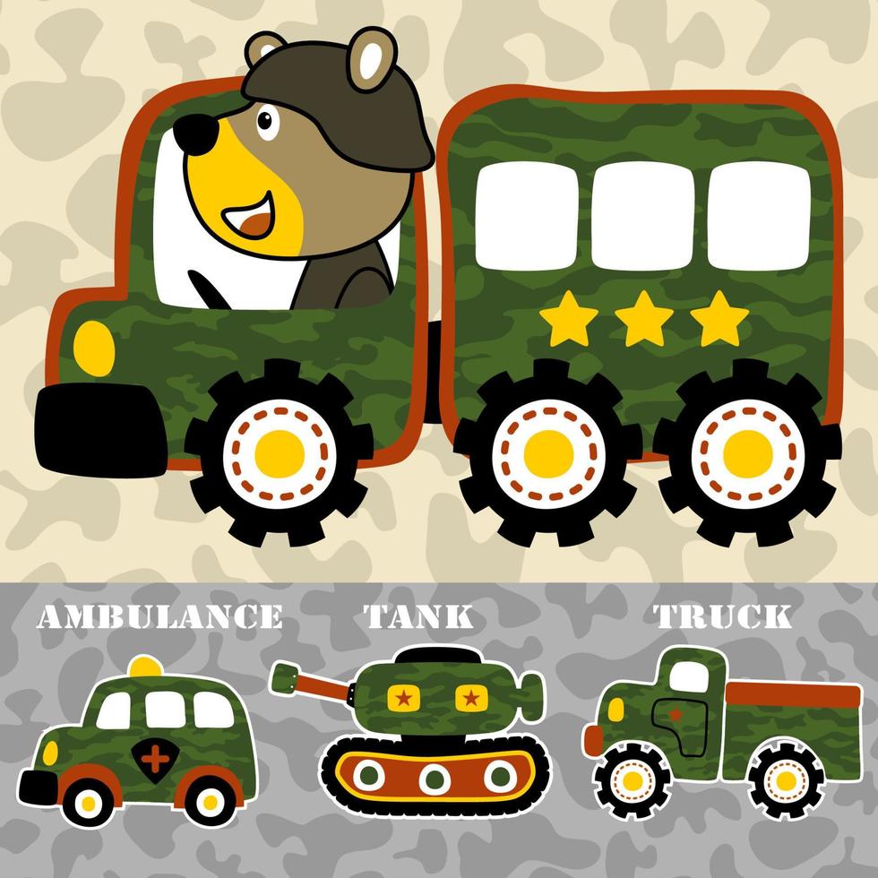 vektor tecknad serie av Björn kör militär lastbil med armerad fordon