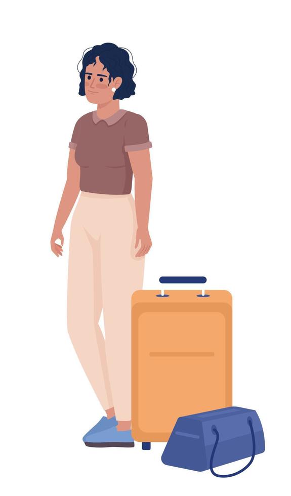 gebräunte Abenteurerin mit halbflachem Farbvektorcharakter für Tasche und Gepäck. editierbare Figur. Ganzkörperperson auf Weiß. einfache karikaturartillustration für webgrafikdesign und -animation vektor