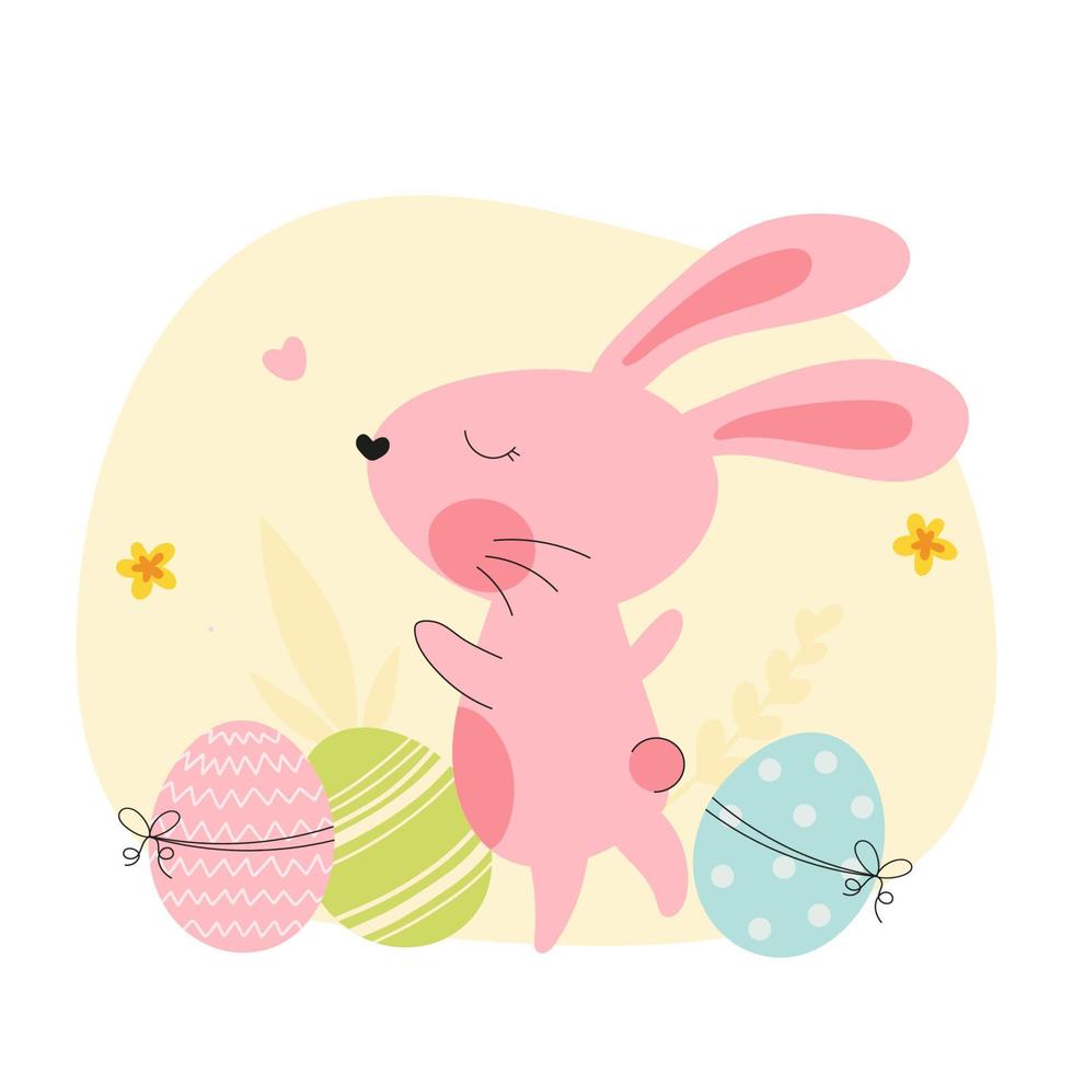 Illustration von niedlichen gelben Osterhasen und Eiern. kaninchencharakter und dekorative farbige ostereier. kaninchen oder hase, frühlingsfestes tier. Cartoon-Urlaub-Vektor-Illustration. vektor