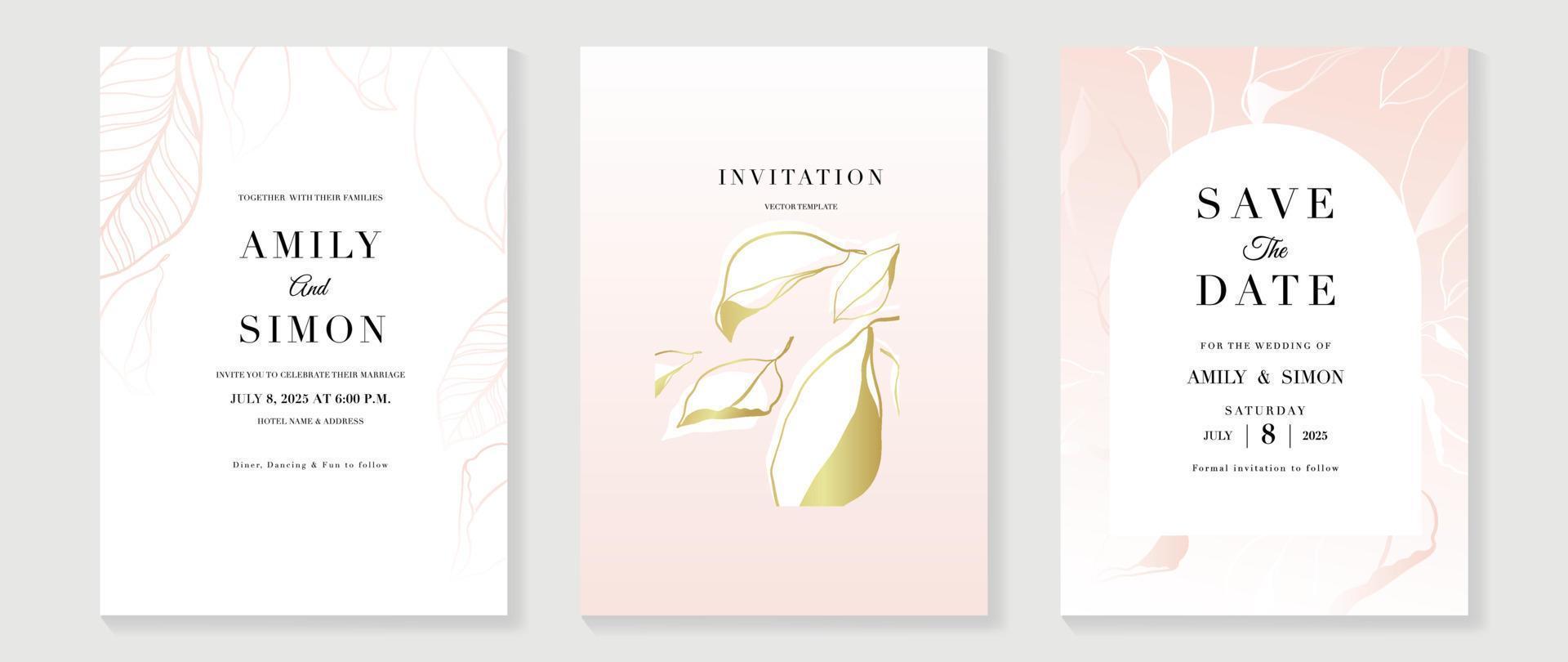 Luxus-Hochzeitseinladungskarte Hintergrundvektor. elegante botanische blätter strichzeichnungen und goldener texturvorlagenhintergrund. designillustration für hochzeits- und vip-cover-vorlage, banner, poster. vektor