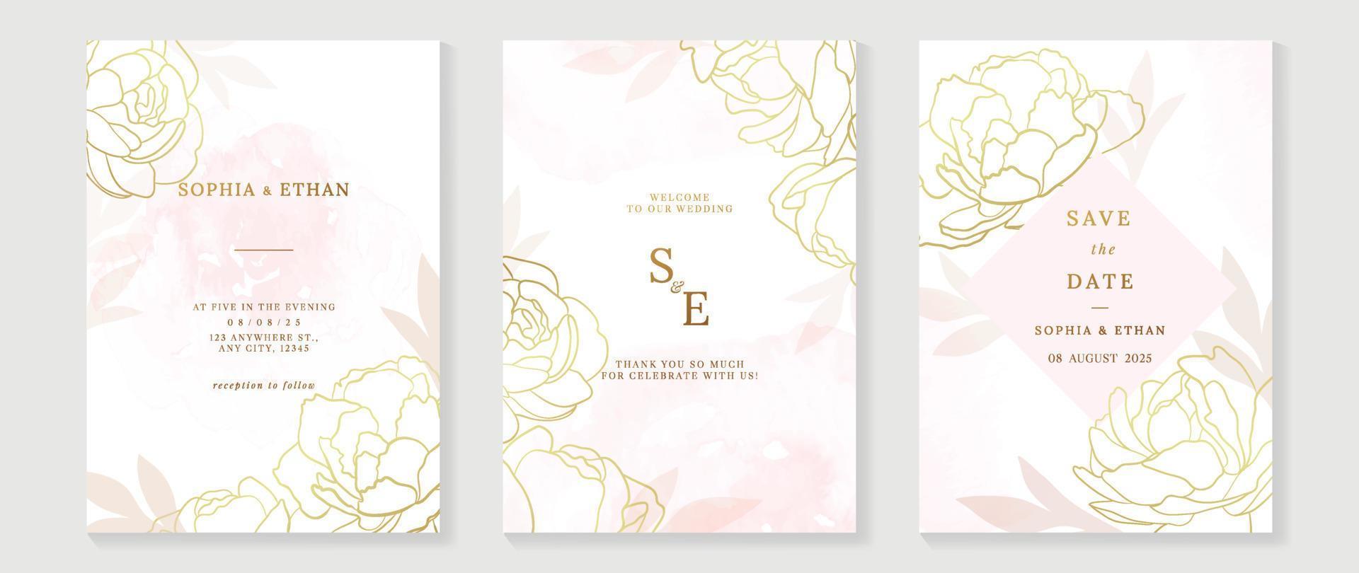 Luxus-Hochzeitseinladungskarte Hintergrundvektor. elegante botanische blume verziert mit goldlinie kunstbeschaffenheitsschablonenhintergrund. designillustration für hochzeits- und vip-cover-vorlage, banner. vektor