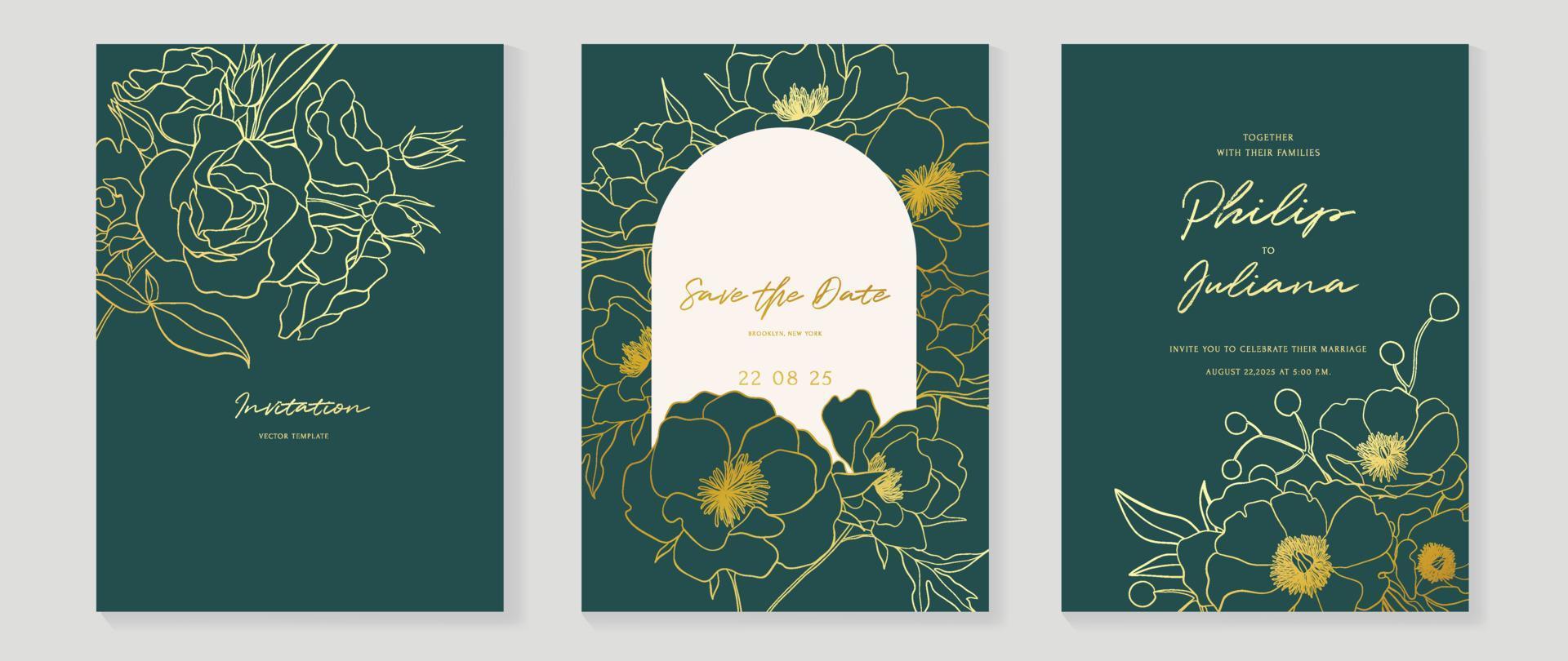 Luxus-Hochzeitseinladungskarte Hintergrundvektor. dekorieren sie mit eleganten botanischen blumen goldene linie kunstbeschaffenheitsschablonenhintergrund. designillustration für hochzeits- und vip-cover-vorlage, banner. vektor