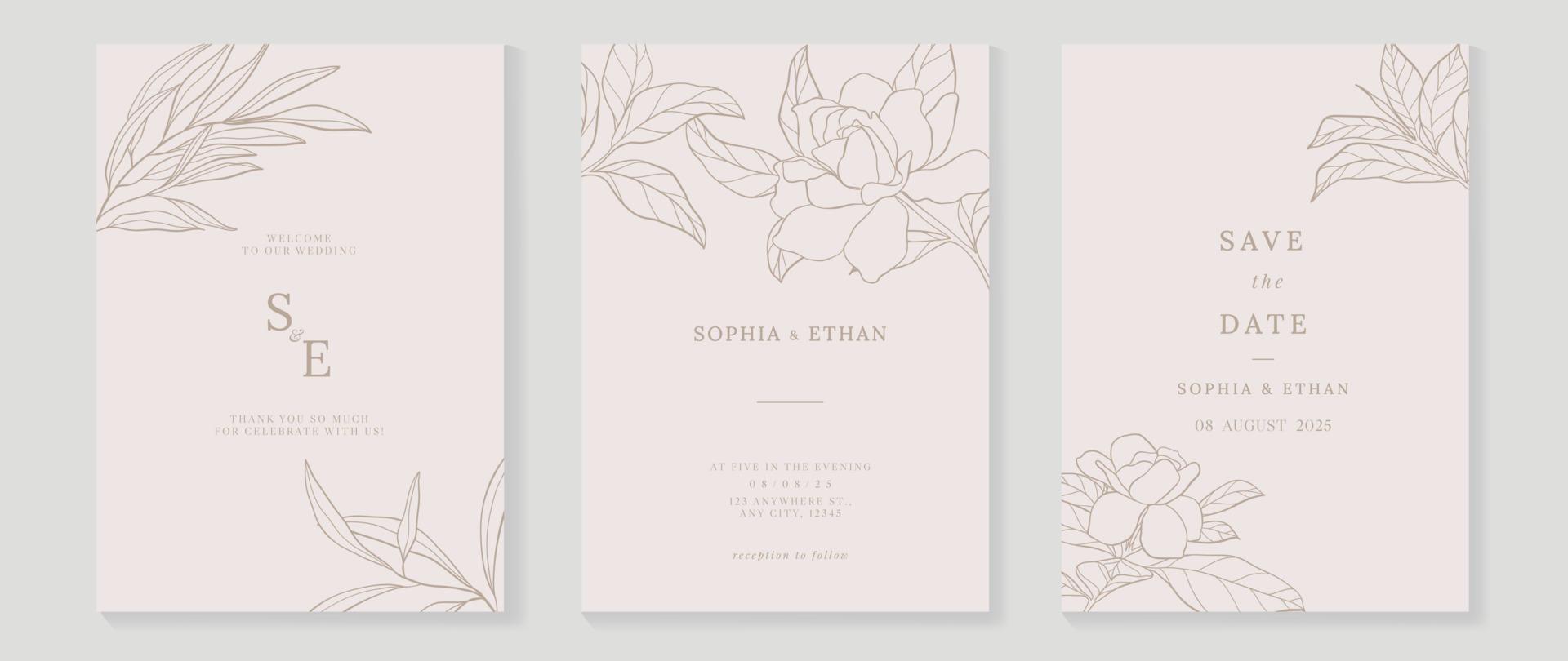 Luxus-Hochzeitseinladungskarte Hintergrundvektor. dekorieren Sie mit elegantem botanischem Blumenblattniederlassungslinien-Kunstschablonenhintergrund. designillustration für hochzeits- und vip-cover-vorlage, banner. vektor