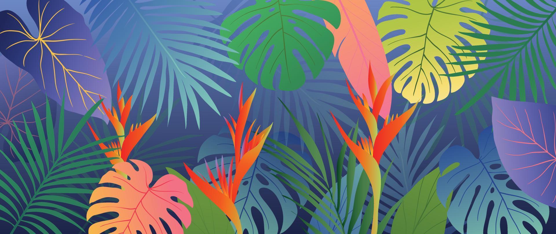 färgrik tropisk löv bakgrund vektor illustration. djungel växter, monstera handflatan lövverk, exotisk regnskog sommar hawaiian stil bakgrund. samtida design för Hem dekoration, tapet.