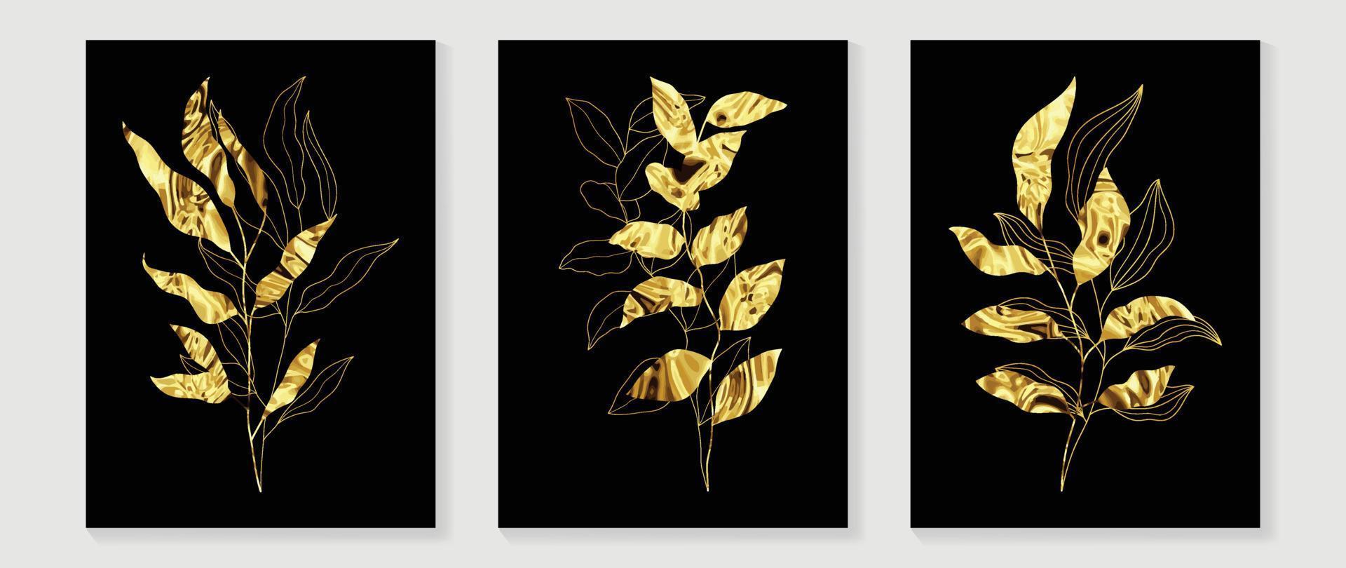 lyx guld tropisk löv vägg konst vektor uppsättning. botanisk exotisk djungel lövverk, naturlig handflatan löv, gyllene linje konst och vattenfärg mönster textur. design för Hem dekoration, spa, omslag, skriva ut.