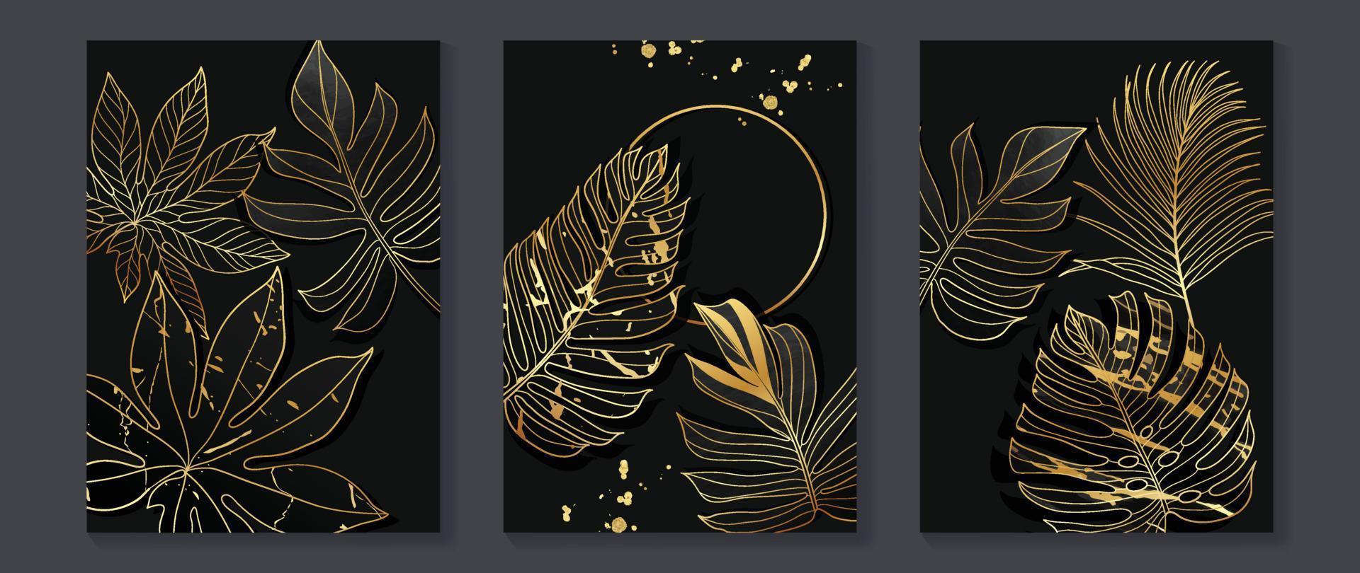 luxus gold tropische blätter wandkunst vektorset. botanische exotische dschungelpalmenblätter goldlinienkunst mit glitzernder folienstruktur glänzen auf schwarzem hintergrund. design für heimdekoration, spa, abdeckung. vektor