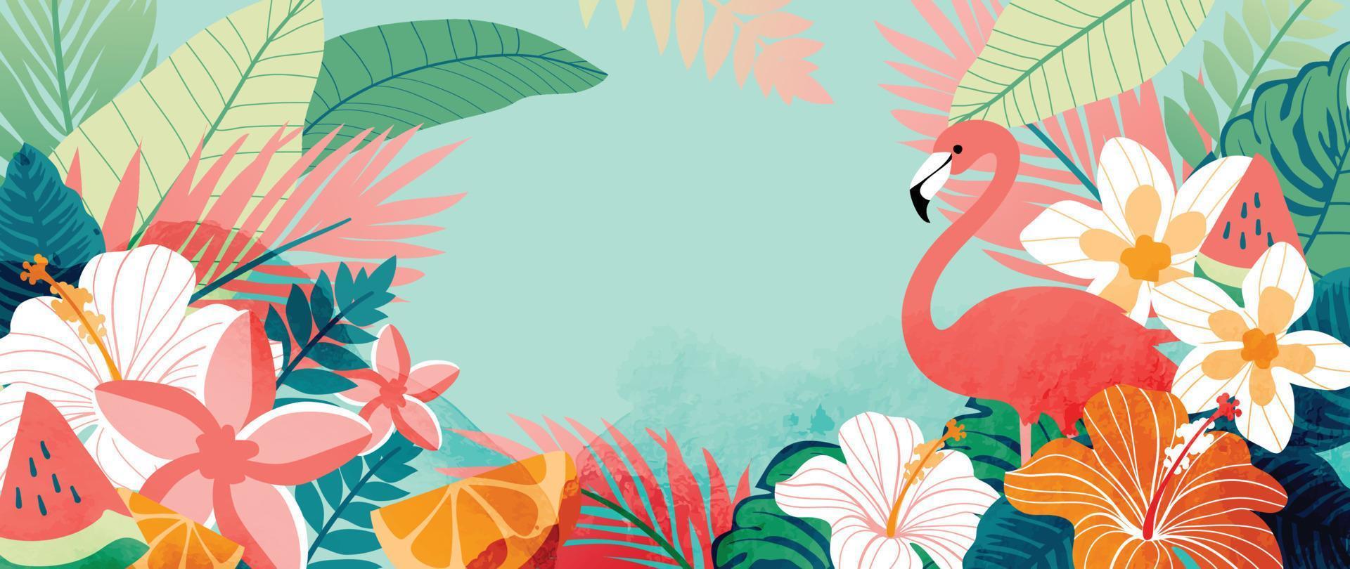 bunte tropische Hintergrundvektorillustration. dschungelpflanzen, blumen, palmblätter, exotischer sommerstil mit flamingo- und aquarelltextur. Zeitgenössisches Design für Heimtextilien, Tapeten. vektor