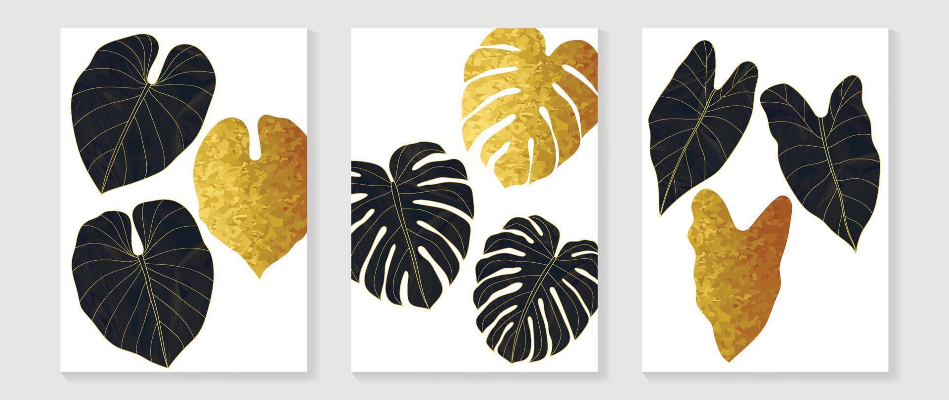 luxus gold tropische blätter hintergrund wand kunst vektor set. botanisches exotisches dschungellaub, monstera-palmenblätter, goldlinienkunst, aquarellbeschaffenheit. Design für Heimtextilien, Spa, Cover, Druck.