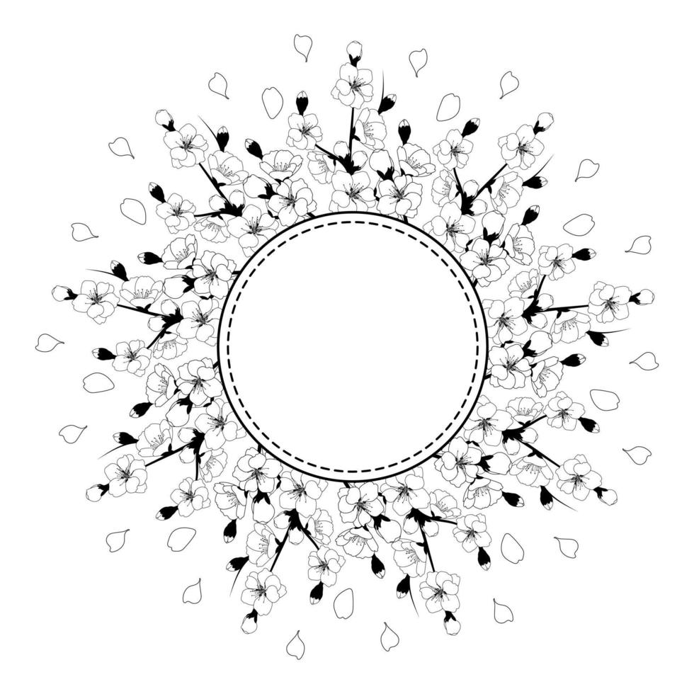cirkulär ram med körsbär blommar. minimalistisk hälsning kort eller bröllop inbjudan mall. svart och vit vektor illustration