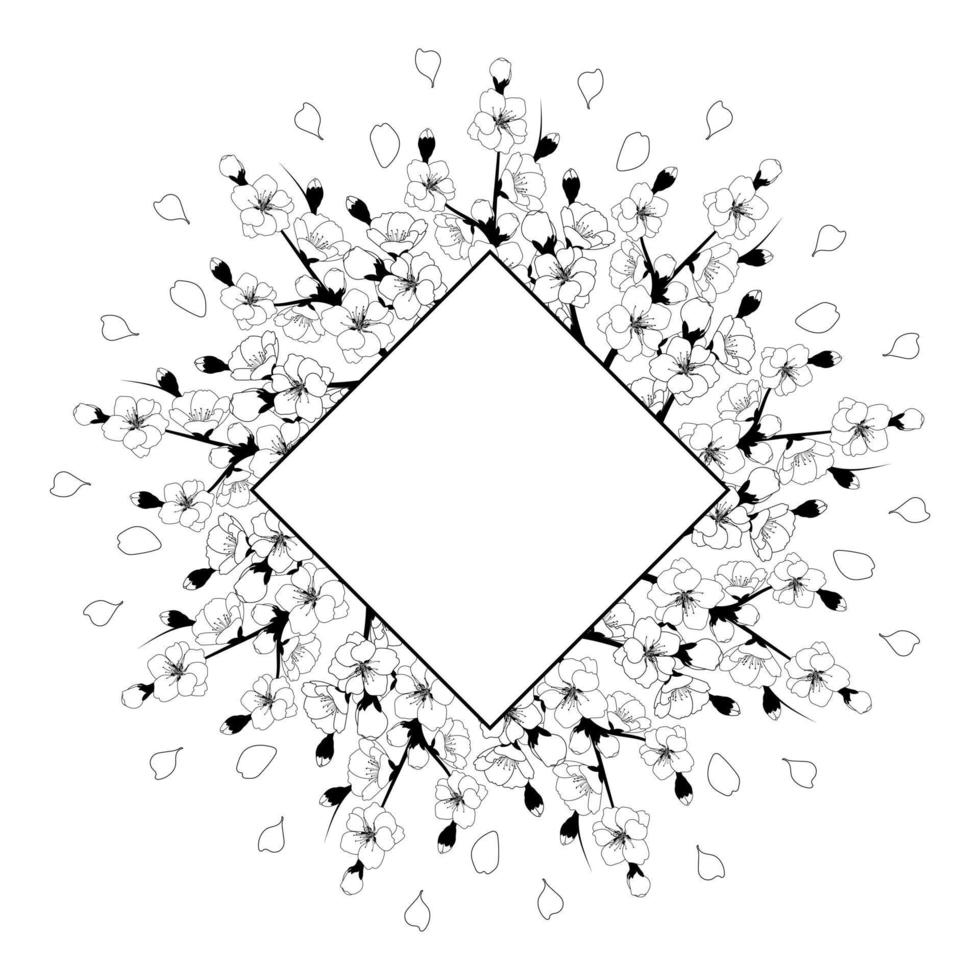 Rautenrahmen mit Kirschblüten. minimalistische grußkarte oder hochzeitseinladungsvorlage. Schwarz-Weiß-Vektor-Illustration vektor
