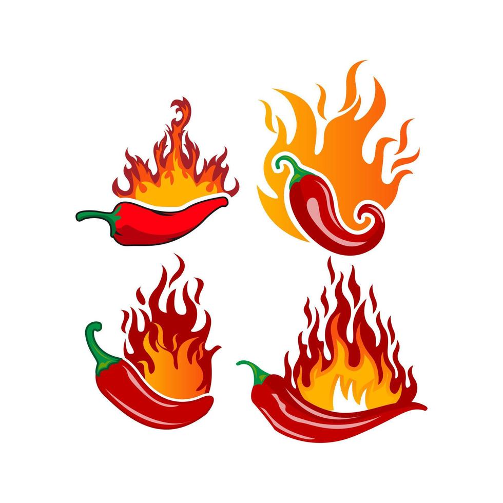 Chili Icon Set Logo Lebensmitteletikett oder Aufkleber. konzept für bauernmarkt, bio-lebensmittel, naturproduktdesign.vektorillustration. Chili-Pfeffer-würziges Restaurant-Logo in Weiß isoliert, Vektor eps 10