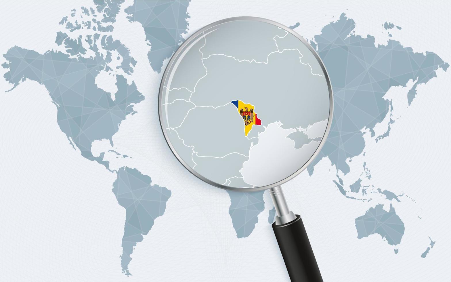 värld Karta med en förstorande glas pekande på moldavien. Karta av moldavien med de flagga i de slinga. vektor