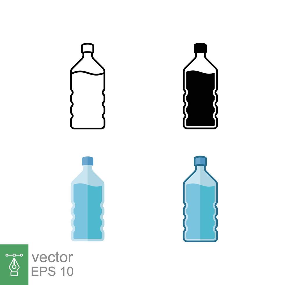 Symbol für Wasserflasche in verschiedenen Stilen. Linie, durchgezogener, flacher, gefüllter Umriss. plastikflasche, getränk, mineral, soda, saft, paketkonzept. Vektor-Illustration isoliert auf weißem Hintergrund. Folge 10. vektor