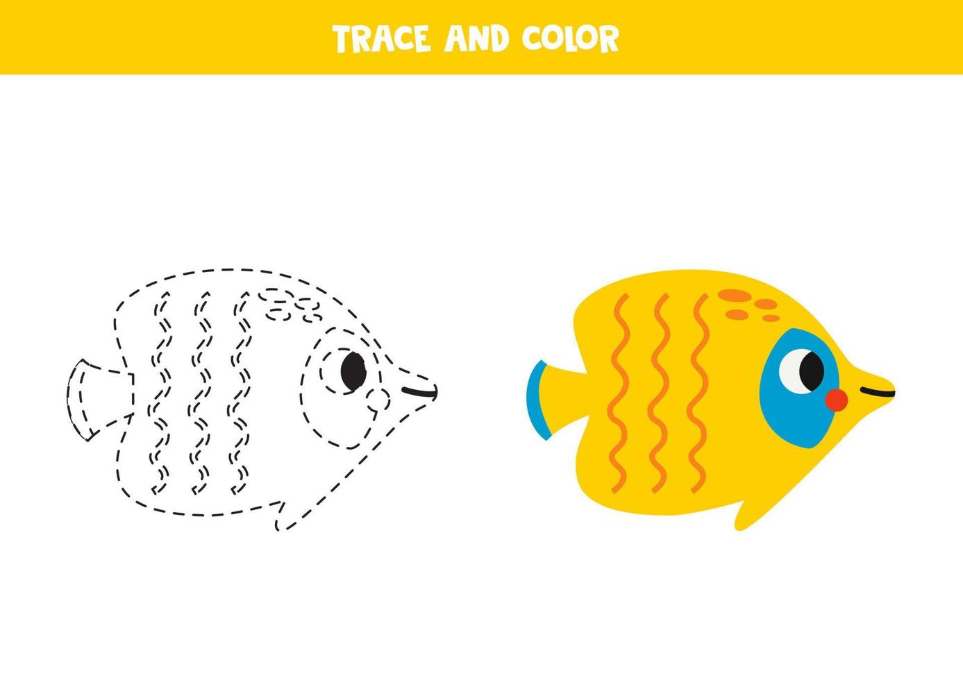 Verfolgen und Färben Sie niedliche Falterfische der Karikatur. Arbeitsblatt für Kinder. vektor